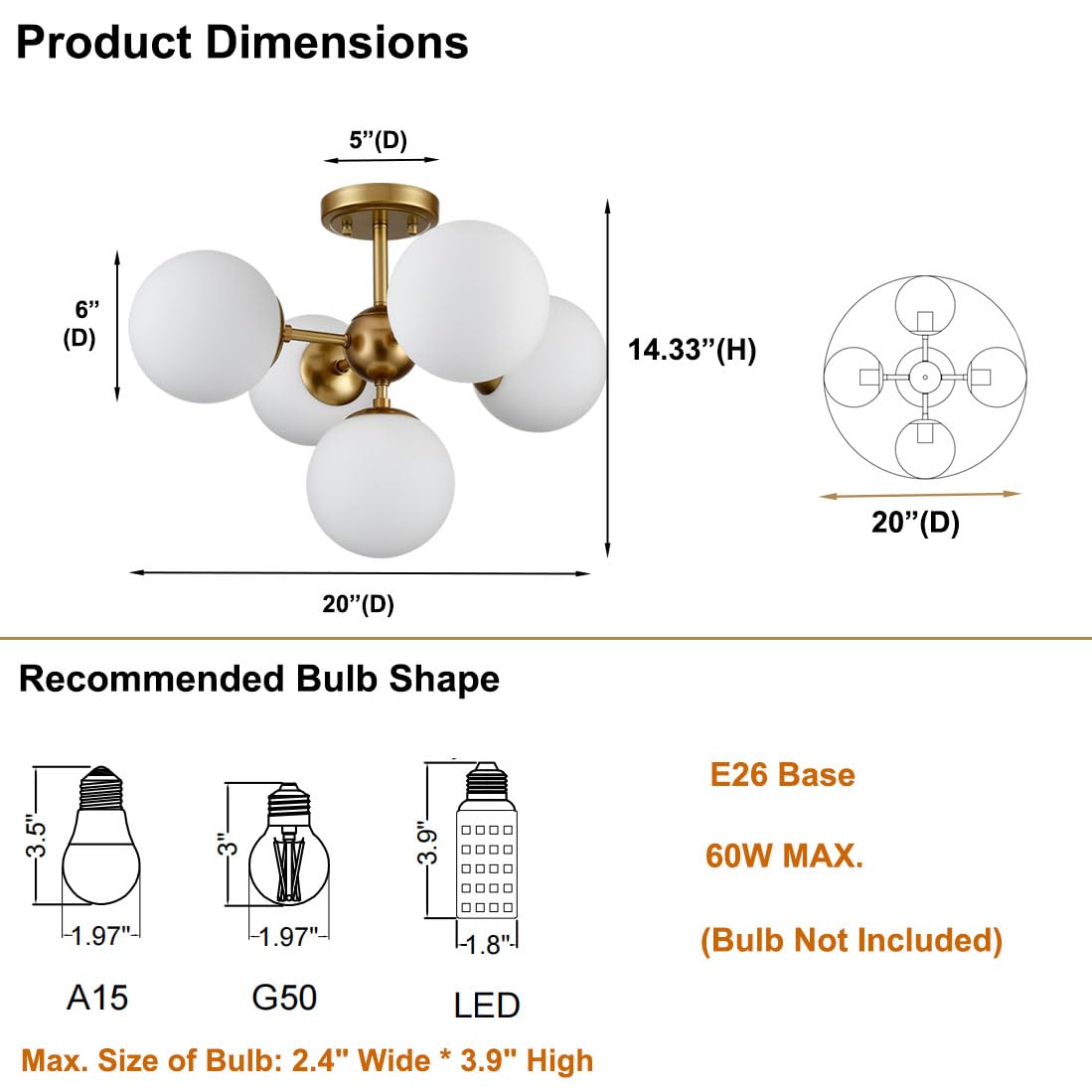 DIRYZON Mid Century Modern 5-Light Semi Flush Mount Ceiling Light,Brass Sputnik Ceiling Light with Opal Globe Glass for Living Room Bedroom Hallway