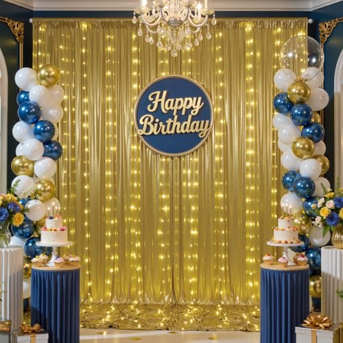 10x10 ft Gold Sequin Backdrop Curtain with Lights for Parties, Wrinkle Free Glitter Photo Backdrop Drapes Shimmer Back Dro...