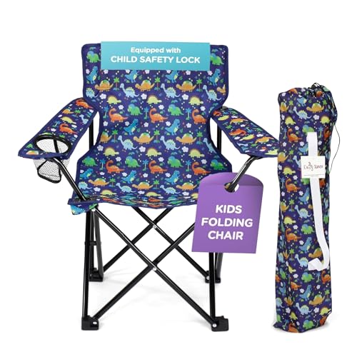 Emily Rose Kids Playful Dinosaurs Folding Beach Camp Chair Ages 2-7 - Toddler Travel Chair with Safety Lock Cup Holder & C...