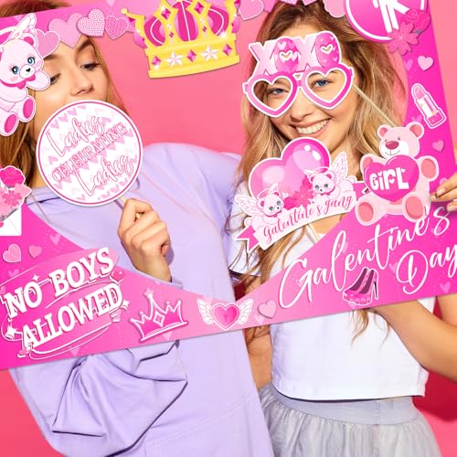 Happy Galentines Day Photo Booth Props Kit, Galentines Day Photo Prop Frame&24 PCS Selfie Photo Booth Accessories with “Ha...