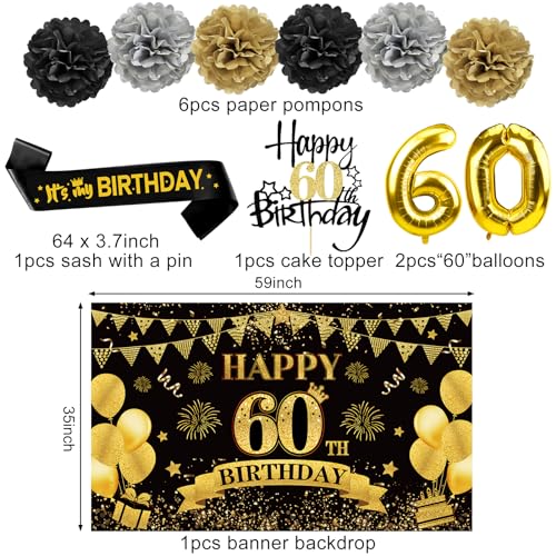Eucutur 42PCS 60th Birthday Decoration Kit for Men Women, Black Gold Happy 60th Bday Banner Balloons Honeycomb Centerpiece...