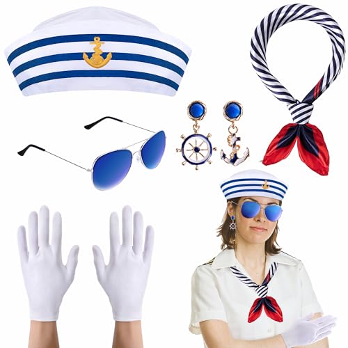 Watayo 5 Pcs Halloween Nautical Sailor Hat and Scarf Cosplay Outfit, Yacht Captain Sailor Cap Scarf Sunglasses Gloves Earr...