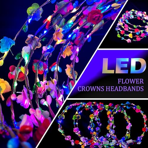 QSJQllo 50 Pcs LED Flower Crowns Headbands,Flower Crowns For Women,Mardi Gras Light Up Headbands Tiara Flower Crown Access...