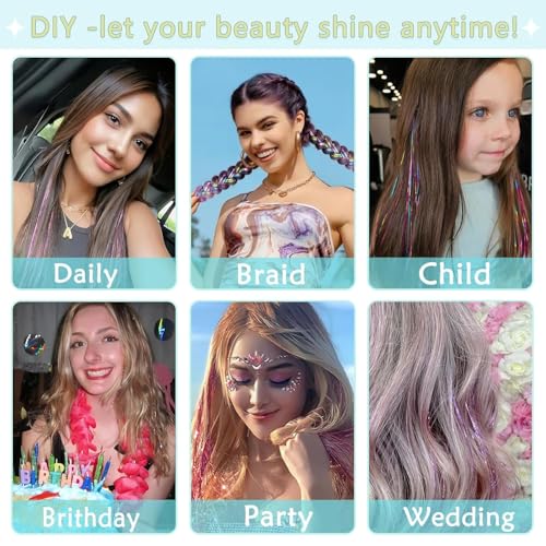 Hair Tinsel,18 Colors Hair Tinsel Kit for Girls 7600 Strands Fairy Tinsel Hair Extensions Holographic Hair Tinsel Heat Res...