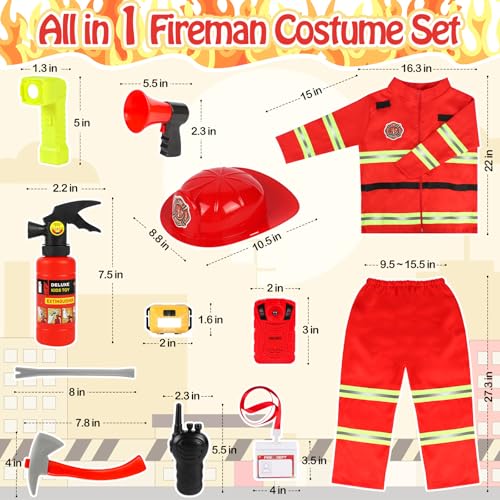 HUUIDY Firefighter Costume for Kids, Fireman Costume with Firefighter Tools, Fire Extinguisher, Helmet Light, Right Angle ...