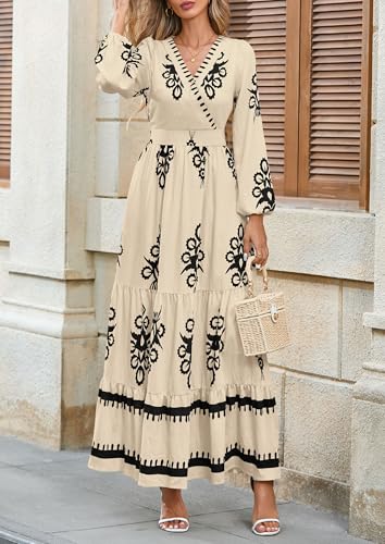 PRETTYGARDEN Women's 2026 Fall Wedding Guest Dresses Boho Floral Long Sleeve V Neck Flowy Elegant Maxi Dress Beach Clothes