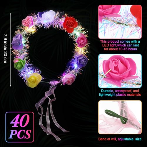Syhood 40 Pcs LED Flower Headband, Light up Flower Crown Garland Headdress Floral Headpiece for Women Hair Accessories Bri...
