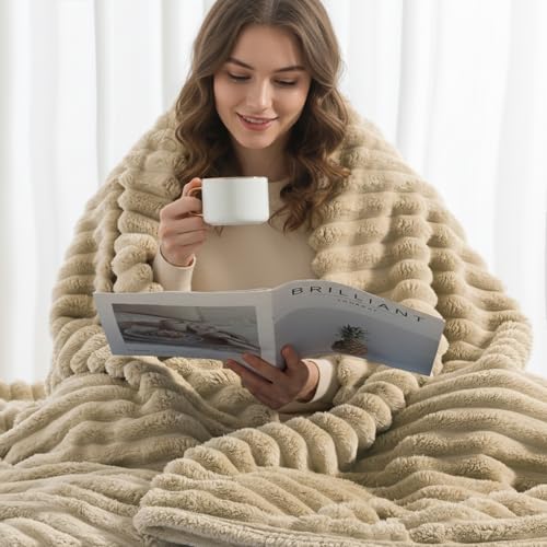 decorUhome Soft Fleece Light Brown Throw Blanket for Couch, Cozy Fluffy Plush Flannel Striped Blanket for Sofa Bed, Lightw...