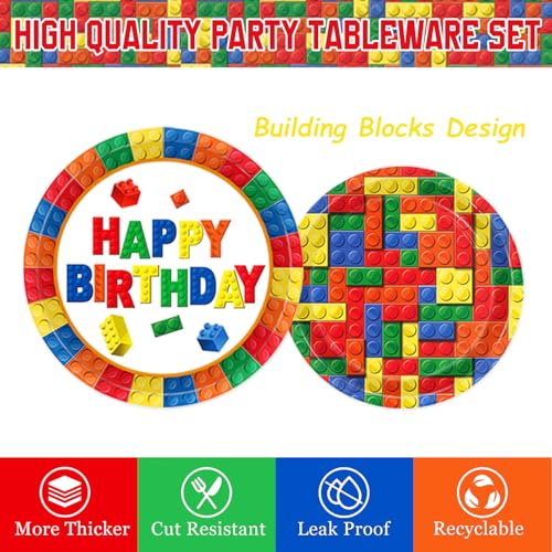 173 PCS Building Block Birthday Party Decorations - Plates, Napkins, Cups, Cutlery, Cake & Cupcake Toppers, Banner, Hangin...