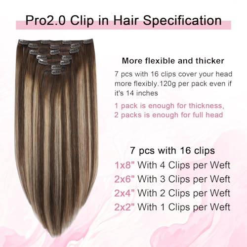 Pro2.0 Clip in Hair Extensions Real Human Hair 120g Thick 7pcs Color #4/27/4 Chocolate Brown to Caramel Blonde Remy Real Human Hair Extensions Clip ins 14inch Double Weft£¨#4/27/4-14inch£©