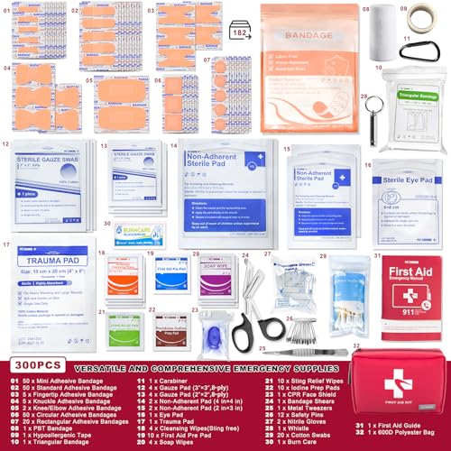 Compact First Aid Kit 300 PCS – Small Waterproof Emergency Medical Kit for Home, Car, Travel, Camping, Hiking, Truck, Offi...