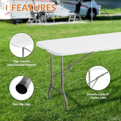 Elevon Folding Table Set with 6 White Folding Chairs,6 Feet Heavy Duty Fold-in-Half Utility Table Sets for Picnic, Event, ...