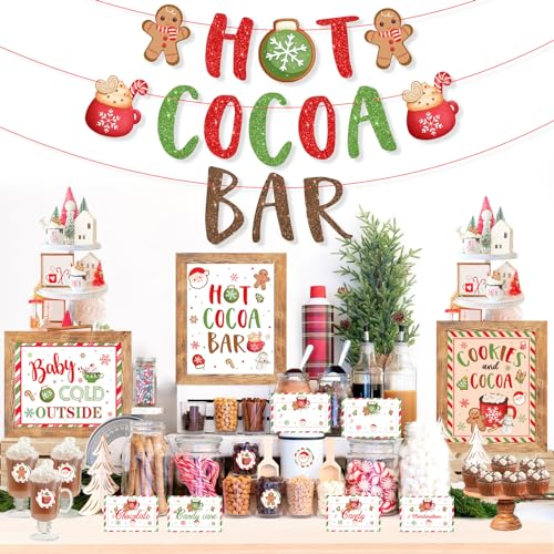 Hot Chocolate Bar Kit,Green Red Christmas Hot Cocoa Bar Supplies, Gingerbread Man Hot Cocoa Bar Banner Sign Toppings Label...