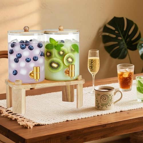2 Pack Drink Dispenser with Wood Stand, Glass Beverage Dispenser with Spigot and Labels, Glass Water Dispenser for Partie...