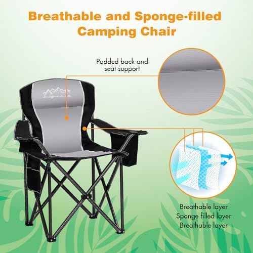 SAILARY 2PCS Folding Camping Chair Portable Outdoor Heavy Duty Padded Chairs Lawn Chair with Cup Holder, Storage Pocket and Cooler Bag, Supports 450LBS Black