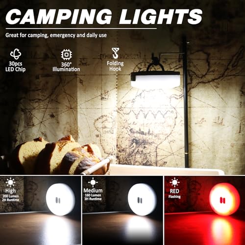 DIBMS 1-Pack Camping String Light w/Lamp, 32.8FT Rechargeable Waterproof LED Hanging Light for Outdoor Camping Awning Tent...