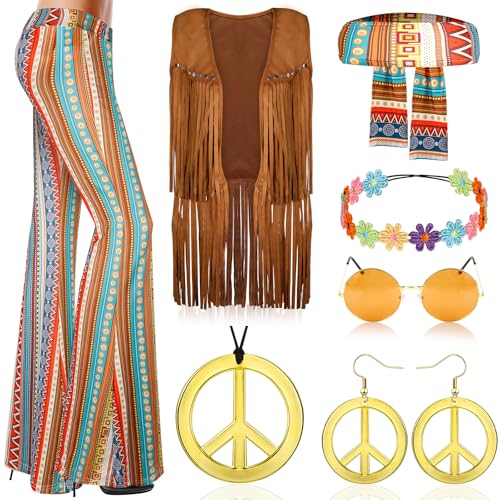 Mukum 8 PCS 60s Women Hippie Costume, 70s Hippie Outfits with Tops and Flared Pants Glasses Necklace Set for Christmas