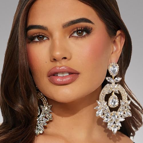 Silver Chandelier Earrings for Women Trendy, Oversized Big Crystal Rhinestone Statement Earrings Dangling Formal Pageant E...