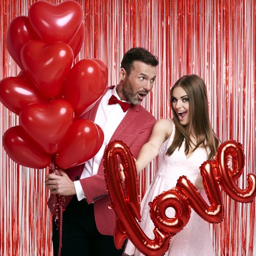 Valentines Day Backdrop Valentines Day Decorations, Melsan Red Tinsel Foil Fringe Curtains Backdrop, 3.2 ft x 8 ft Sparkle...