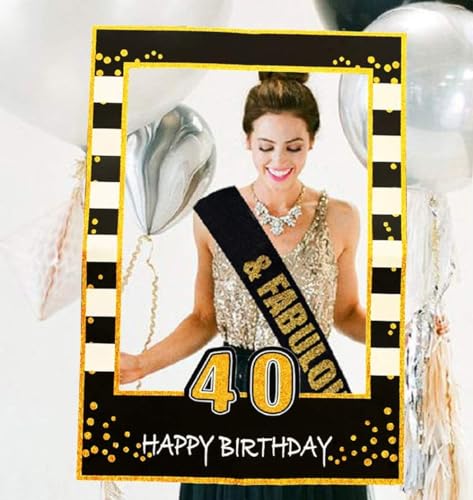 LaVenty Black Gold Glitter 40th Birthday Party Photo Booth Props 40th Birthday Photo Frame Birthday Photo Frame Party Phot...