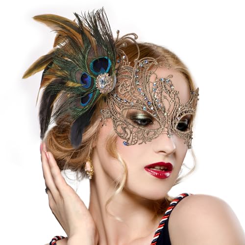 Zinniday Lace Masquerade Masks for Women - 1920s Peacock Feather Venetian Mask for Halloween Couples Mardi Gras Ball