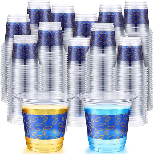 LemonRoad 100 Pcs Blue and Gold Rings Plastic Cup 12oz Clear Disposable Cartoon Cups Cold Beverage Drinking Container for ...
