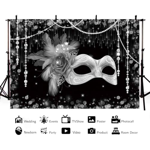 MEHOFOND 7x5ft Masquerade Party Backdrop Black and Silver Mask Photography Background Carnival Masquerade Party Supplies M...