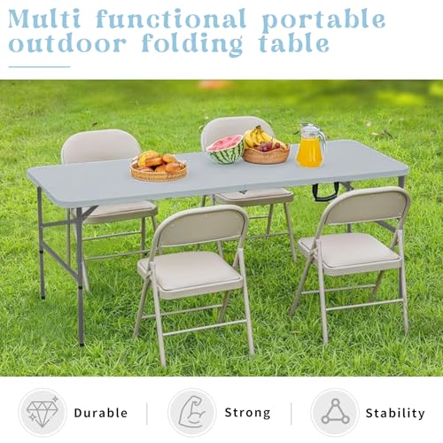 Folding Table 4FT Camping Table Portable Heavy Duty Plastic Rectangular Outdoor Dining Table Steel Legs Fold-in-Half with ...