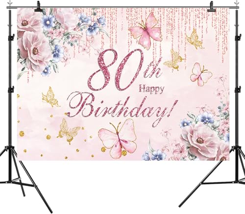 ASDCXZ 5x3ft Happy 80th Birthday Backdrop for Women Flowers Photography Background Pink Floral Golden Butterfly Grandma 80...