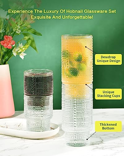 ISMASOAN Hobnail Drinking Glasses Set of 12, Stackable Glasses 12 oz and 7 oz, Bubble Glasses Drinking, Vintage Glassware,...