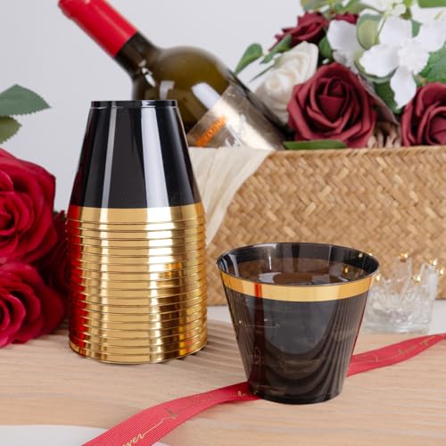 supernal 200 Pcs Gold and Black Plastic Cups-9oz Heavy Duty Plastic Cups,Gold Rimmed Disposable Cups,Disposable Wine Glass...
