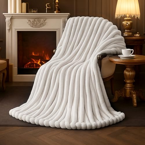 Amélie Home Faux Fur Throw Blanket for Couch, Cozy Fuzzy Fluffy Fur Luxurious Soft Striped Plush Gift Blankets for Family ...