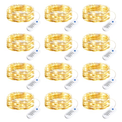 Minetom 12 Pack Fairy Lights Battery Operated String Lights, 8 Modes & Timer, 7ft 20LED Waterproof Silver Wire Twinkle Lig...