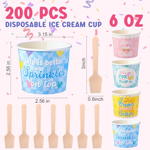 Ninehaoou 200 Sets 6 oz Ice Cream Paper Cups with Wooden Spoons Bulk Ice Cream Sundae Bar Supplies Disposable Dessert Bowl...