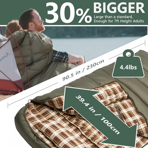BISINNA Flannel XXL Sleeping bag (90.55"x39.37") Wearable Sleeping Bag for Alults 3 Season with Pillow Compressdin Sack fo...