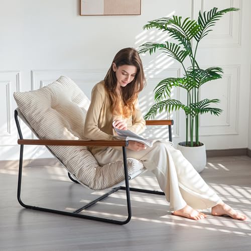 MAXYOYO Modern Accent Chair, Comfy Living Room Chair with Metal Frame Wooden Armrest, Upholstered Armchair with Soft Cushi...