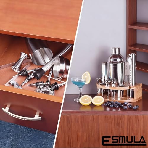 Esmula Bartender Kit with Stylish Bamboo Stand, 12 Piece 25oz Cocktail Shaker Set for Mixed Drink, Professional Stainless ...