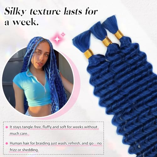 16 Inch Deep Wave Human Braiding Hair for Boho Braids ? 120g 3 Bundles/Pack Blue 100% Unprocessed 12A Brazilian Virgin Human Hair Bulk, No Weft, Wet & Wavy Curly Extensions