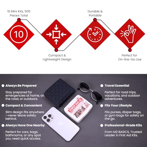 M2 BASICS Mini First Aid Kit Multi Pack, 10 Pack, 50 per Kit, 500 Total Pieces, Bulk Portable Kits for Car, Travel, Home &...