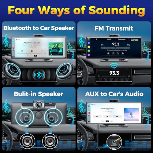JATAZA 10.26" Wireless Apple CarPlay Android Auto Car Screen - Secure Strong Bracket, 4K Dash Cam, GPS Navigation, HD Touc...