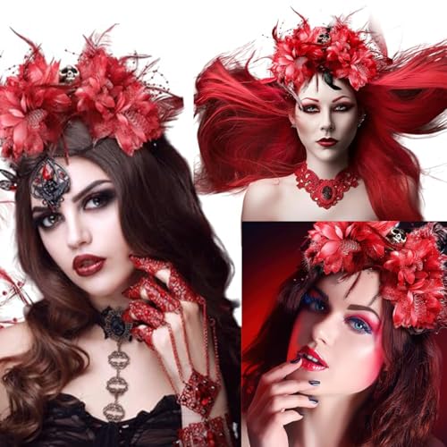 RUSTAMM Halloween Skull Flower Headband Red Flower Crown Gothic Horror Headwear for Party Costume Cosplay Headwear Day of ...