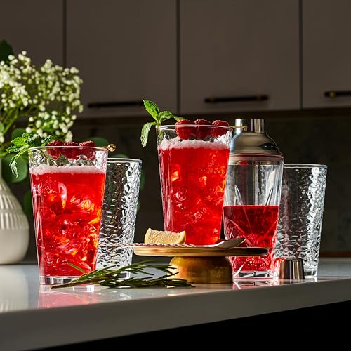 Set of 10 Hammered Glass Cups, 16oz. Dishwasher Safe Cocktail Drinking Glasses - Clear Heavy Base Stemmed Water Glasses, T...