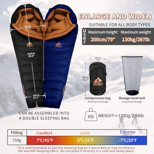 BUERTS Ultralight Down Sleeping Bag and Hiking Gaiter Combo,a combination of a 3 season sleeping bag(45 to 20℉)and 900D wa...