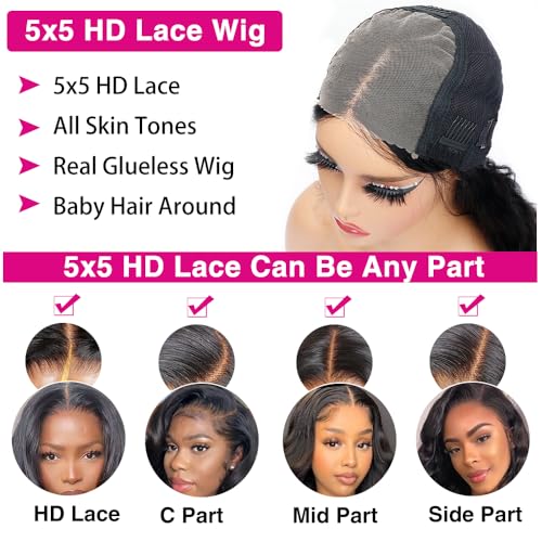 Glueless Wigs Human Hair Pre Plucked Pre Cut 5x5 Body Wave Lace Closure Wigs Human hair 250 Density Colsure Wigs for Women Ready to Wear Wig 14 Inch
