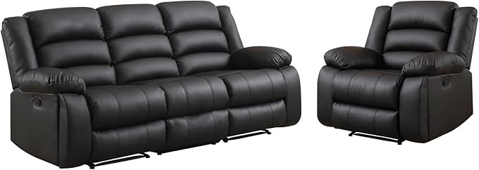 EBELLO Faux Leather Manual Recliner Sofa Set, 3 Seat Reclining Sofa, Couch Furniture Set for Living Room, Black