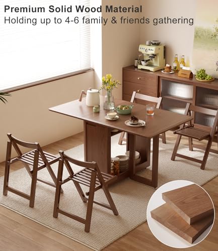 AnywaysWood 1 Solid Wood Folding Dining Table, Space Saving Extendable Solid Wood Drop Leaf Table for Kitchen Dining Livin...