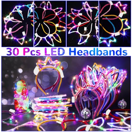 Janinka 64 Pcs Led Cat Ears Headband Bulk, Light Up Rave Hair Accessories Cute Rabbit Ear Crown, Glow in the Dark