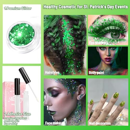 Allstarry Green Body Glitter, 4 Colors Cosmetic Green Face Glitter, Shamrock Face Eyeshadow Makeup Hair and Eye Glitter St...