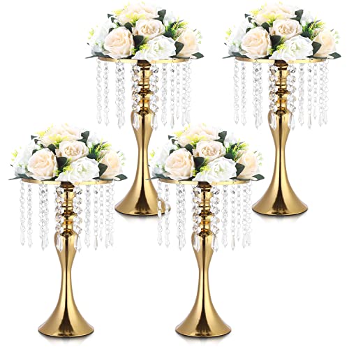 Rozrety 4 Pcs Gold Vases for Centerpieces, 13.5 inch Tall Crystal Flower Stand Wedding Centerpieces for Tables Decorative ...