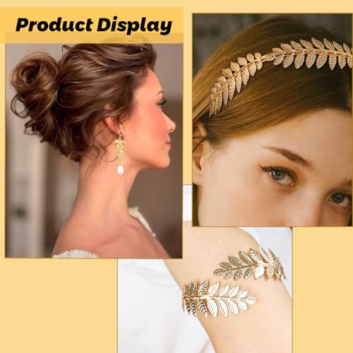 5 Pieces Greek Goddess Costume Accessories Set, 1 Piece Golden Leaf Crown Headband, 2 Pieces Coil Upper Armband Bracelet, ...